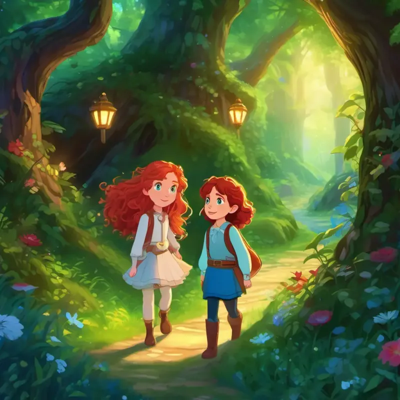 curly brown hair, sparkly blue eyes and straight red hair, twinkling green eyes enter the enchanted forest and find the secret gates.