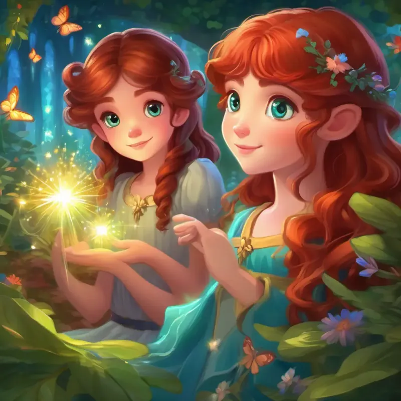 curly brown hair, sparkly blue eyes and straight red hair, twinkling green eyes meet magical creatures in the fairy kingdom.