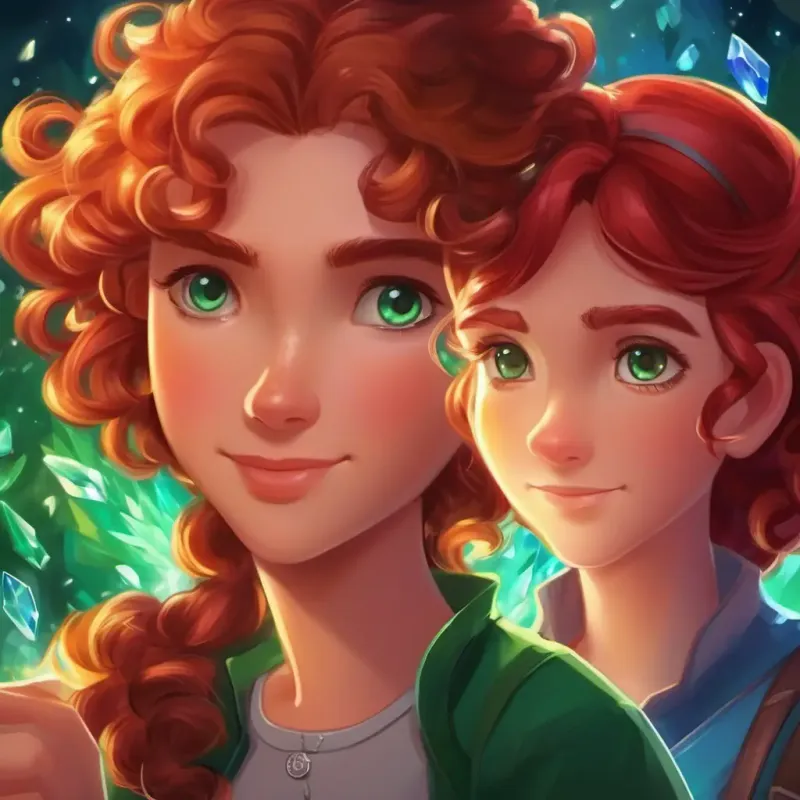 curly brown hair, sparkly blue eyes and straight red hair, twinkling green eyes learn about the quest for the lost crystal.