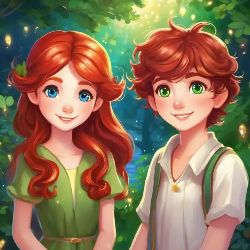 curly brown hair, sparkly blue eyes and straight red hair, twinkling green eyes bring happiness and friendship to the fairy kingdom.