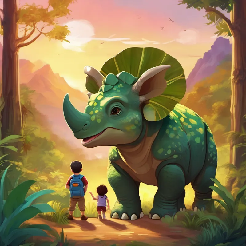 Once upon a time, in a land filled with vibrant forests and towering mountains, there lived a brave and kind-hearted triceratops named Toby. Toby had a wonderful family, including his loving parents and his baby sister, Trina. They roamed freely, always caring for one another. One day, as the sun was setting, a playful breeze whispered a worried secret to Toby's ears. The mischievous monkeys who dwelled deep in the jungle had captured his baby sister, Trina! Determined to save her, Toby embarked on an epic adventure.
