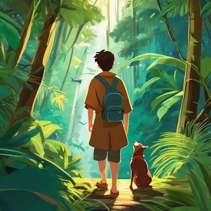 With nothing but bravery and a strong heart, Toby ventured into the tropical jungle. The majestic trees high above formed a canopy, blocking out most of the sunlight. Glittering rays slipped through like magic, guiding Toby's path. As he journeyed further, the sounds of the forest came alive. Chattering birds shared melodies that danced with the rustling leaves, and the distant echoes of waterfalls added to the symphony of nature. But Toby's focus remained on finding his beloved sister.