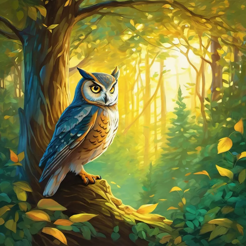 Once upon a time in a magical forest, where the leaves shimmered like emerald and the air sang with secrets, there lived a wise old owl named Oliver. With shimmering golden eyes and feathers as soft as moonlight, Oliver was known throughout the entire forest for his wisdom and kindness. Every day, animals from near and far would flock to him, seeking his guidance and advice. One sunny morning, as the forest awakened to the gentle rustling of leaves, a curious little rabbit named Rosie hopped her way to Oliver's grand oak tree. She had heard tales of the wise owl's ability to answer any question and guide those in need. With her little heart beating fast with excitement, Rosie stood at the base of the tree, her tiny paw raised in a nervous greeting.