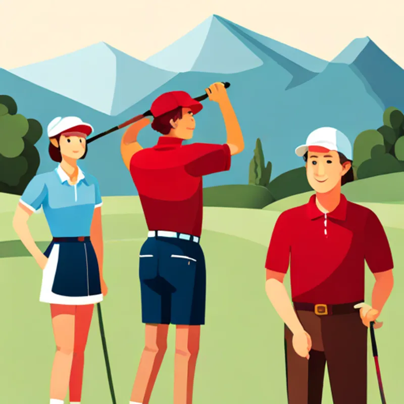 Blond hair, red hat, blue polo, and brown shorts and friends holding golf clubs, smiling
