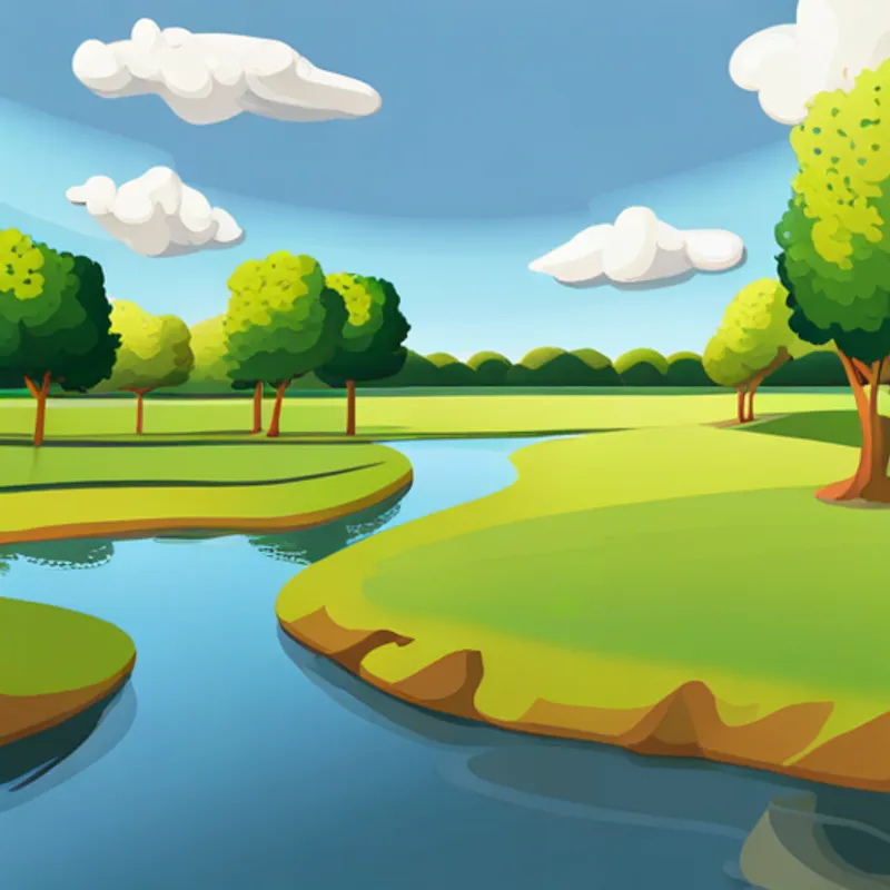 A curving fairway with trees and a pond