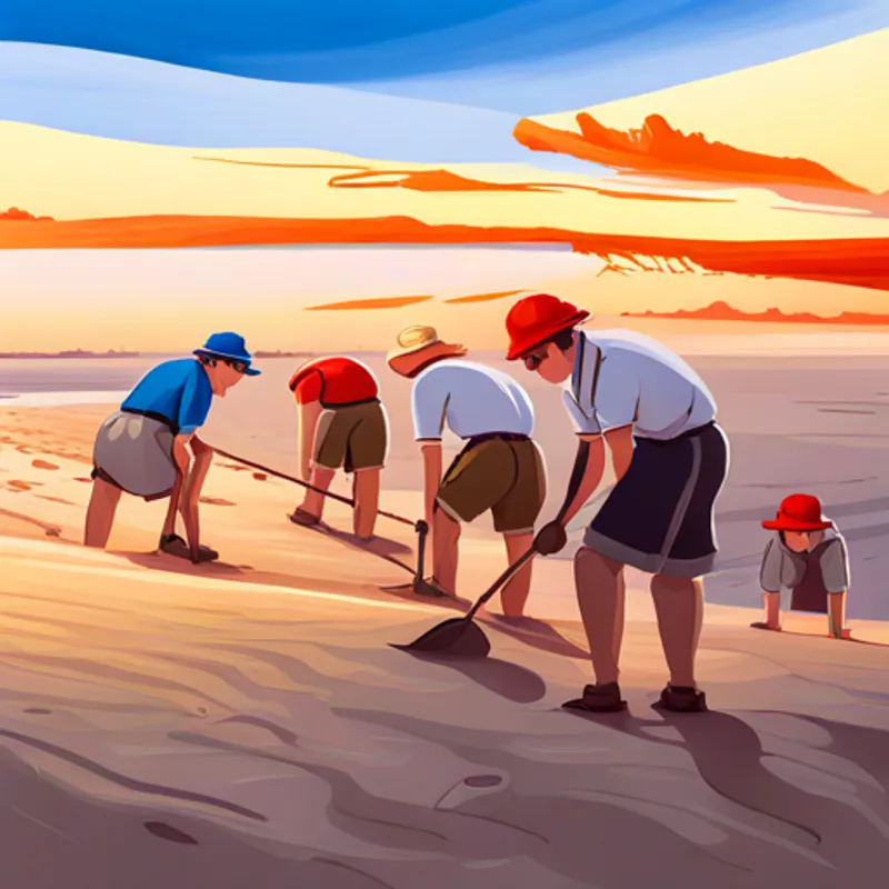 Blond hair, red hat, blue polo, and brown shorts and friends digging in the sand
