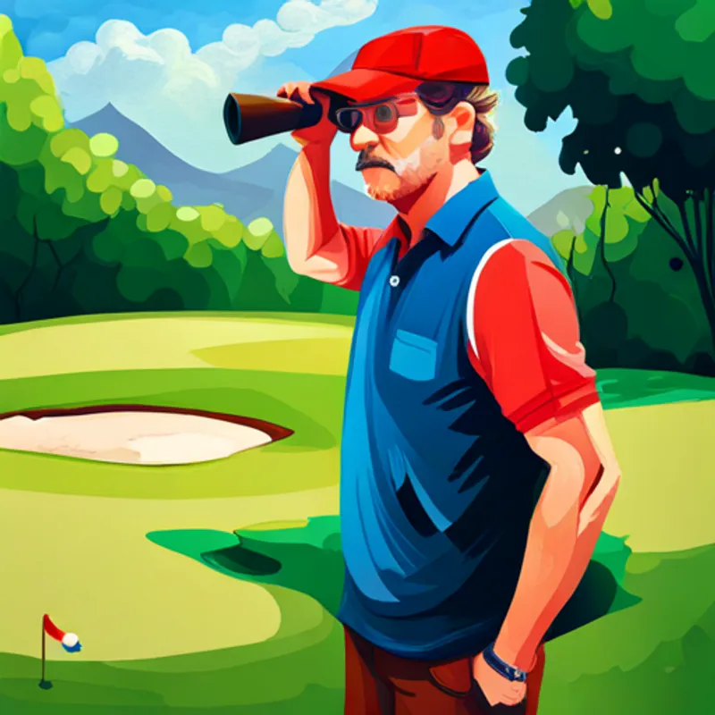 Blond hair, red hat, blue polo, and brown shorts with binoculars peering at a putting green