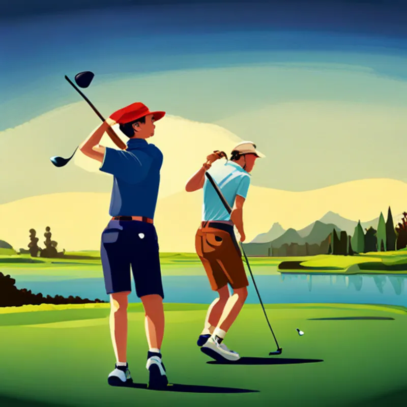 Blond hair, red hat, blue polo, and brown shorts and friends swinging golf clubs