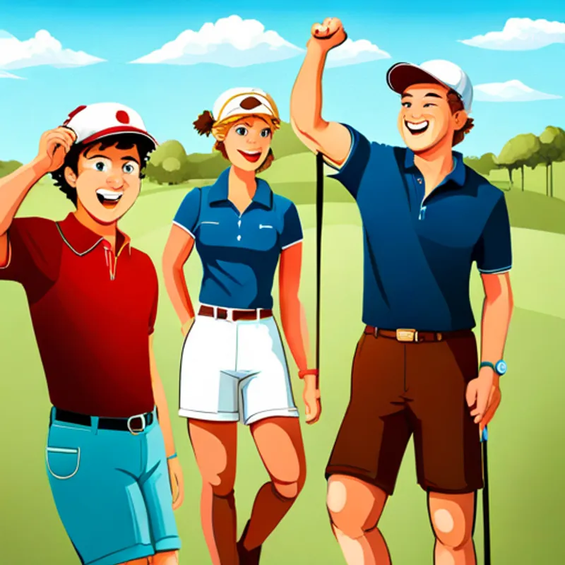 Blond hair, red hat, blue polo, and brown shorts and friends celebrating a hole-in-one