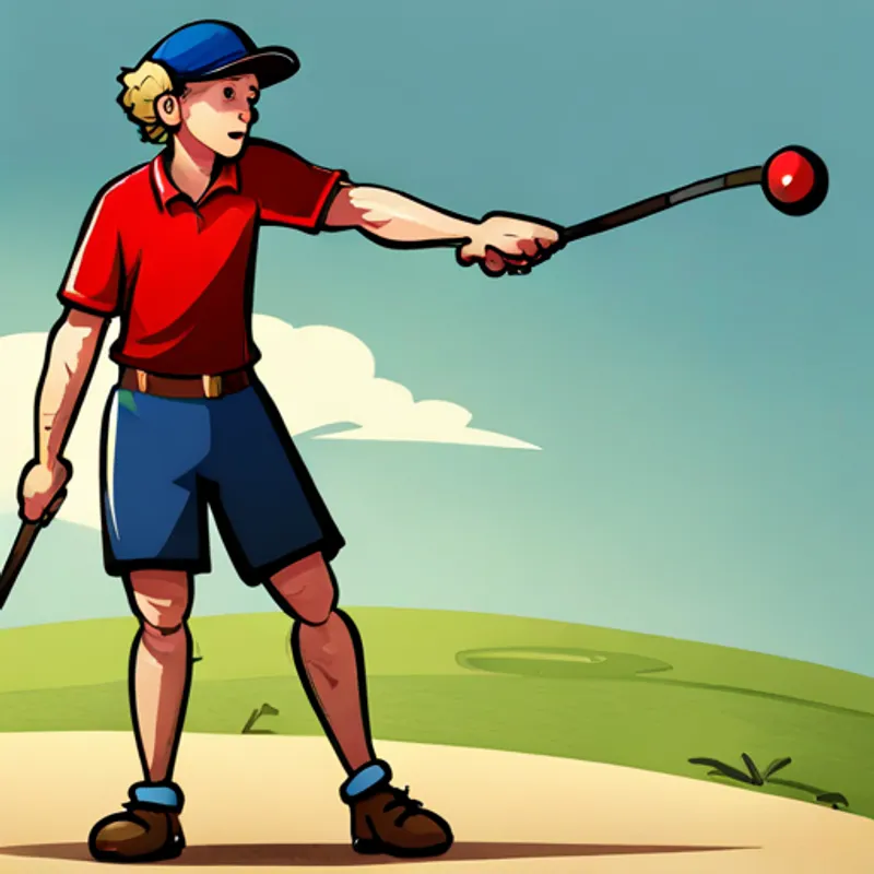 Blond hair, red hat, blue polo, and brown shorts using an iron club hitting a ball
