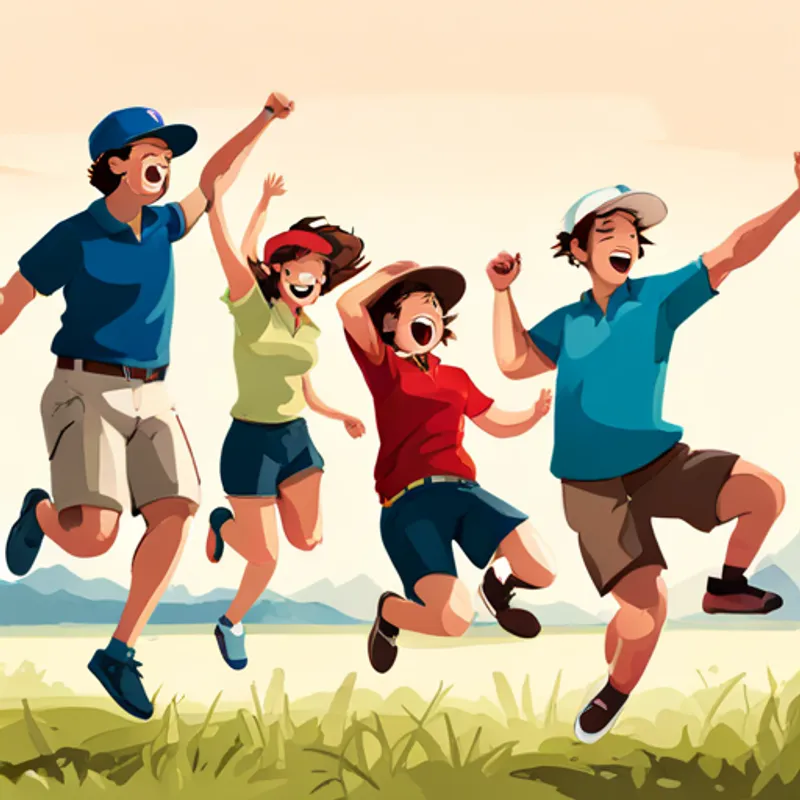 Blond hair, red hat, blue polo, and brown shorts and friends jumping with joy