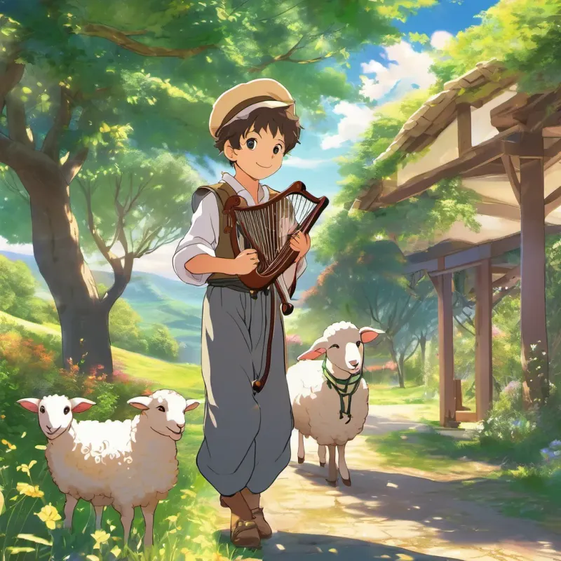 A young shepherd boy named A jolly young shepherd boy with a warm smile and a simple shepherd’s outfit, holding a small harp dancing joyfully with his sheep under a tree, bright sunshine.