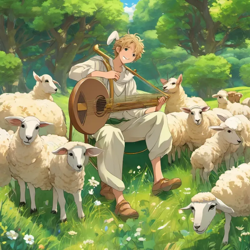 A jolly young shepherd boy with a warm smile and a simple shepherd’s outfit, holding a small harp playing a harp while his sheep baa and gather around, the meadow is lush and green.