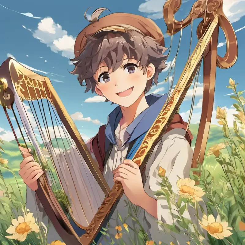 A jolly young shepherd boy with a warm smile and a simple shepherd’s outfit, holding a small harp smiling warmly with a sense of pride, the meadow and blue sky beautifully framing the background.