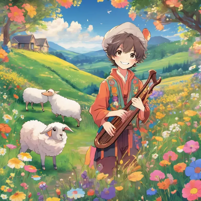 A colorful 'The End' page with whimsical illustrations of A jolly young shepherd boy with a warm smile and a simple shepherd’s outfit, holding a small harp, A cute and friendly rabbit with big eyes, in a colorful meadow full of flowers, and the sheep happily together.