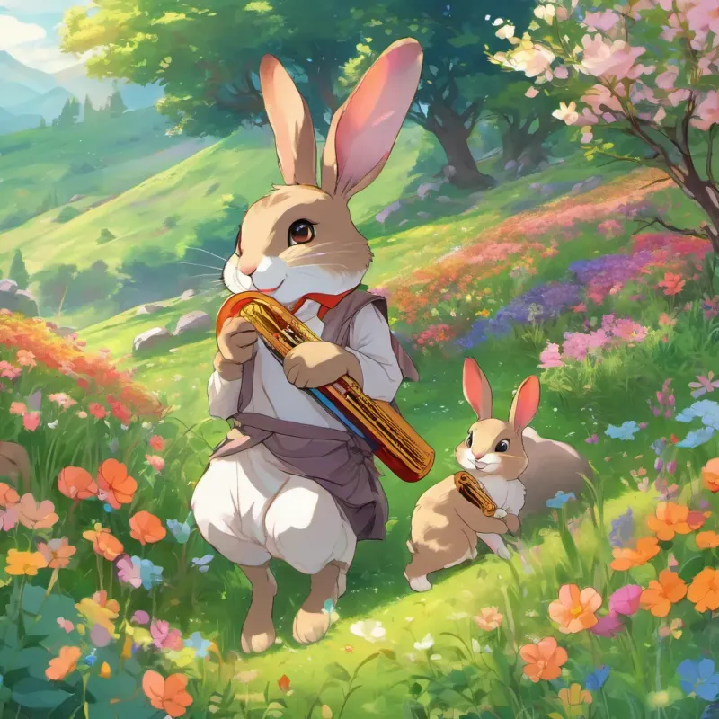 A cute rabbit named A cute and friendly rabbit with big eyes, in a colorful meadow full of flowers looking hopeful as he asks A jolly young shepherd boy with a warm smile and a simple shepherd’s outfit, holding a small harp for help, surrounded by bright flowers and green grass.