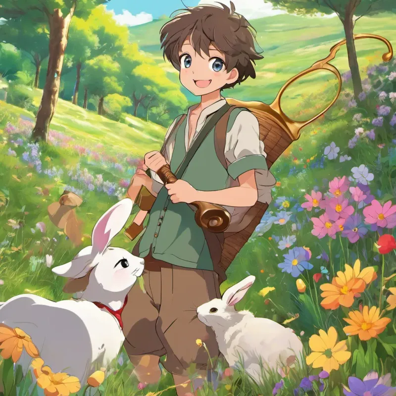 A jolly young shepherd boy with a warm smile and a simple shepherd’s outfit, holding a small harp and A cute and friendly rabbit with big eyes, in a colorful meadow full of flowers skipping through the forest, looking excited as they search for clues.