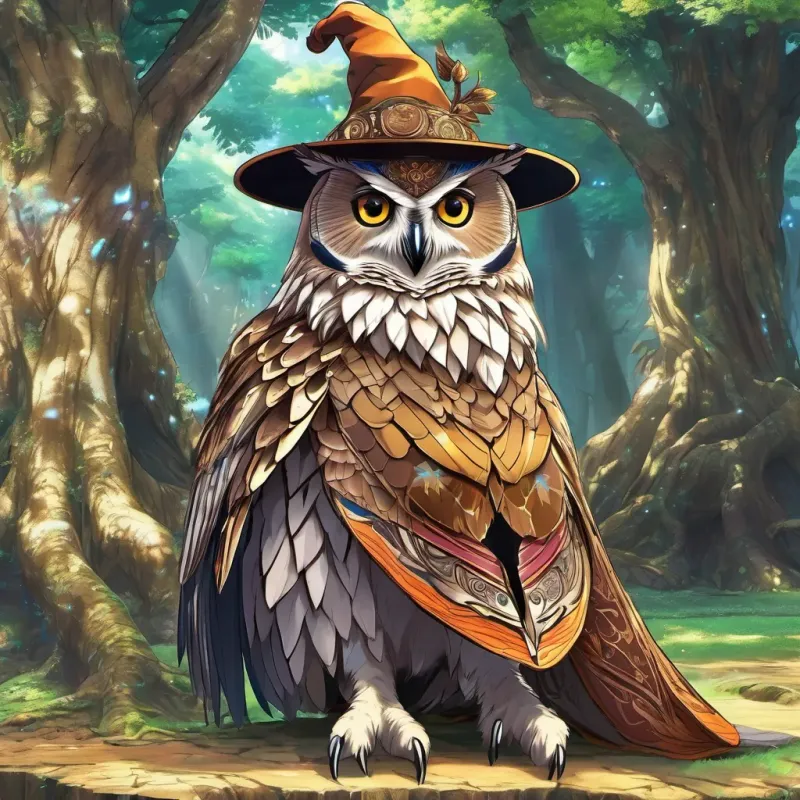 An old wise owl sitting beside a tall tree, with a magical hat on the ground nearby.