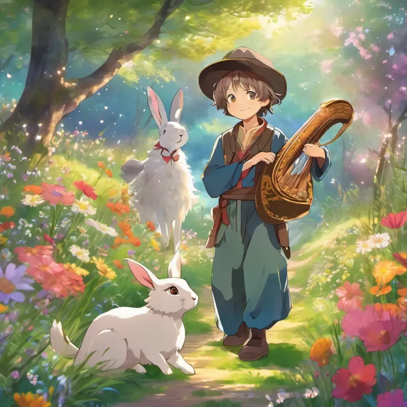 A jolly young shepherd boy with a warm smile and a simple shepherd’s outfit, holding a small harp and A cute and friendly rabbit with big eyes, in a colorful meadow full of flowers crossing a sparkling stream with the magical hat leading the way.