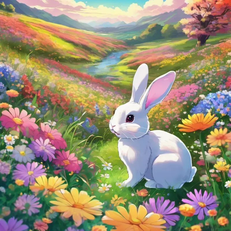 A scenic meadow with A cute and friendly rabbit with big eyes, in a colorful meadow full of flowers’s rabbit family welcoming him back home with colorful flowers all around.