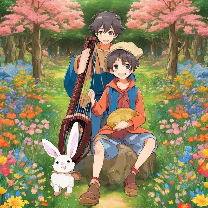 A jolly young shepherd boy with a warm smile and a simple shepherd’s outfit, holding a small harp waving goodbye to A cute and friendly rabbit with big eyes, in a colorful meadow full of flowers and his family, setting off back home through the forest.