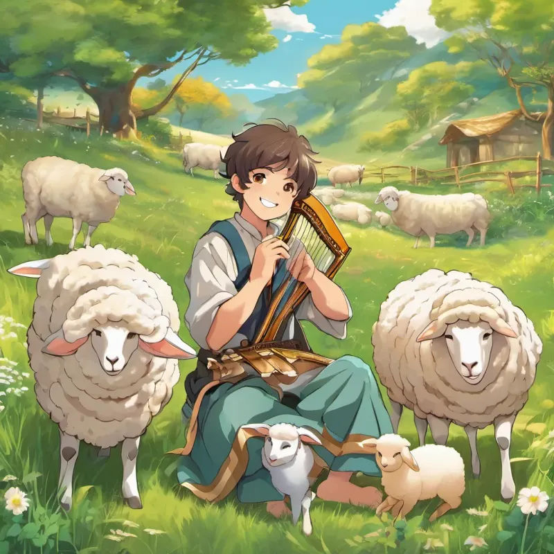 A jolly young shepherd boy with a warm smile and a simple shepherd’s outfit, holding a small harp playing his harp again with a joyful smile, his sheep grazing peacefully around him in the meadow.
