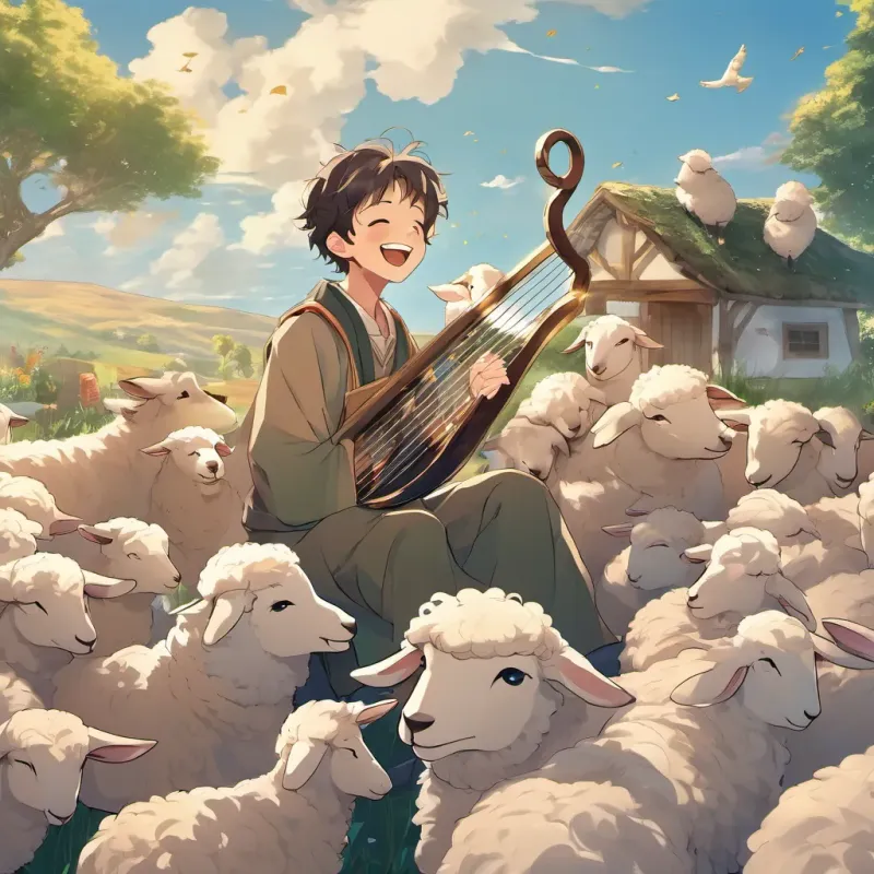 A jolly young shepherd boy with a warm smile and a simple shepherd’s outfit, holding a small harp surrounded by his happy sheep, laughing and singing together under the bright sky.