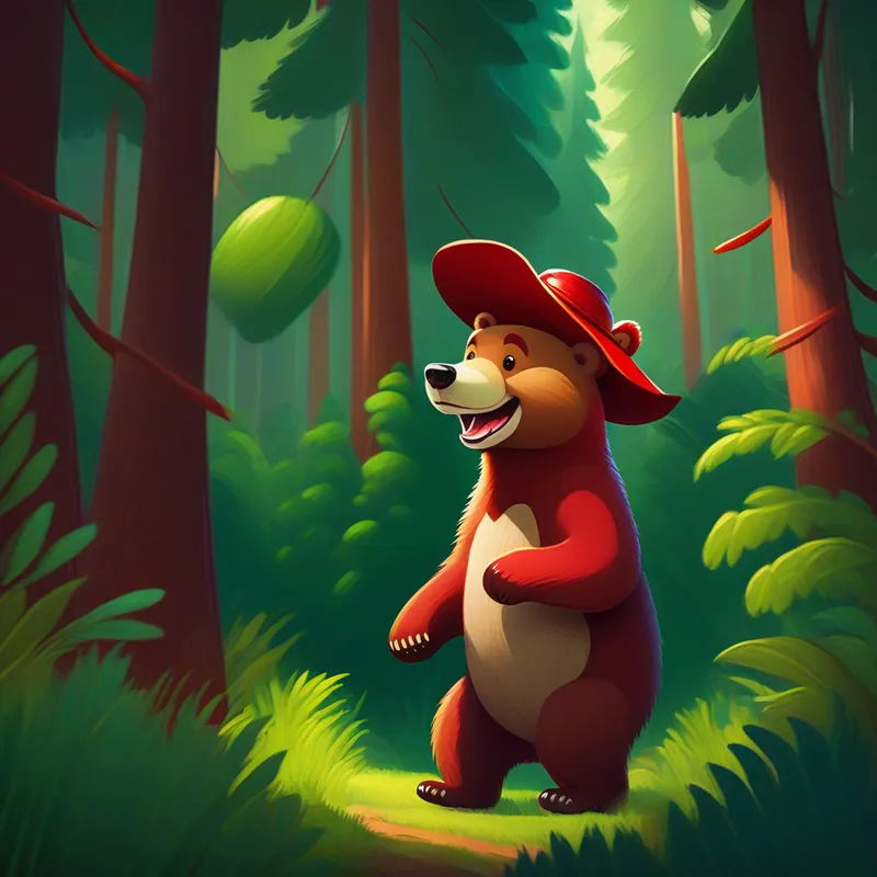 Friendly bear with a big smile, wearing a red hat. the Bear in a lush forest with tall trees.
