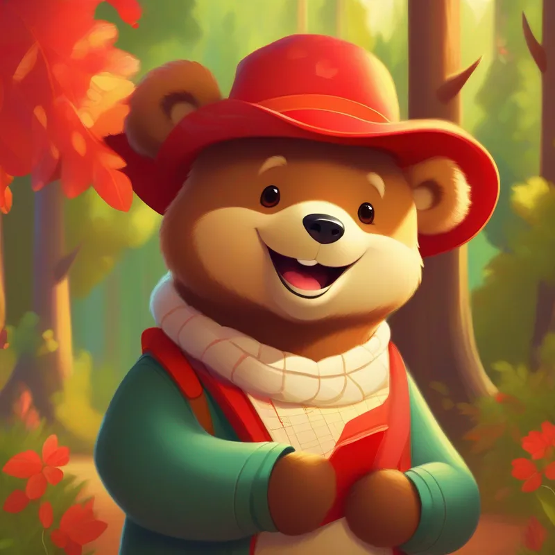 Friendly bear with a big smile, wearing a red hat. holding a map surrounded by trees and sunshine.