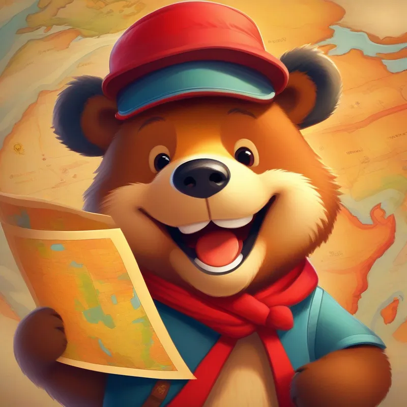 Friendly bear with a big smile, wearing a red hat. holding the map with a big grin on his face.
