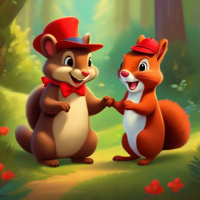 Friendly bear with a big smile, wearing a red hat. and Chatty squirrel with a fluffy tail, wearing a bow tie. the squirrel having a friendly conversation.