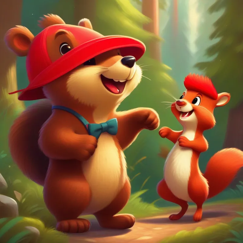 Friendly bear with a big smile, wearing a red hat. and Chatty squirrel with a fluffy tail, wearing a bow tie. looking determined to find the treasure.