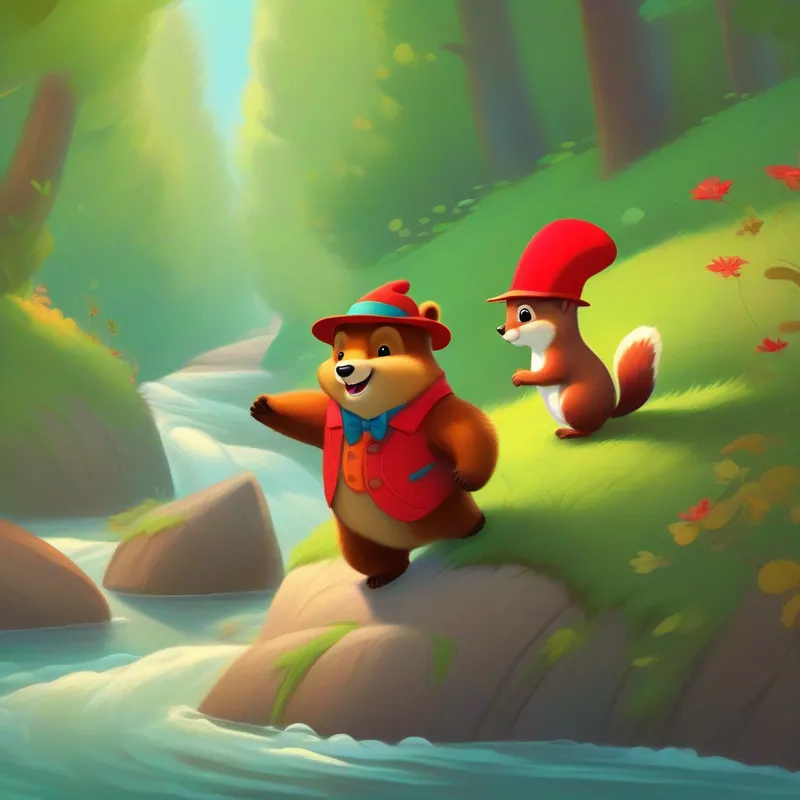 Friendly bear with a big smile, wearing a red hat. and Chatty squirrel with a fluffy tail, wearing a bow tie. crossing a river and climbing a hill.