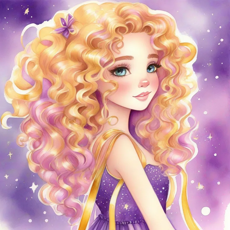 Curly golden hair, sparkly purple dress with colorful ribbons, with golden curly hair and a sparkly purple dress.