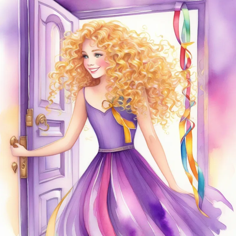 Curly golden hair, sparkly purple dress with colorful ribbons opens the door and enters the magical world.