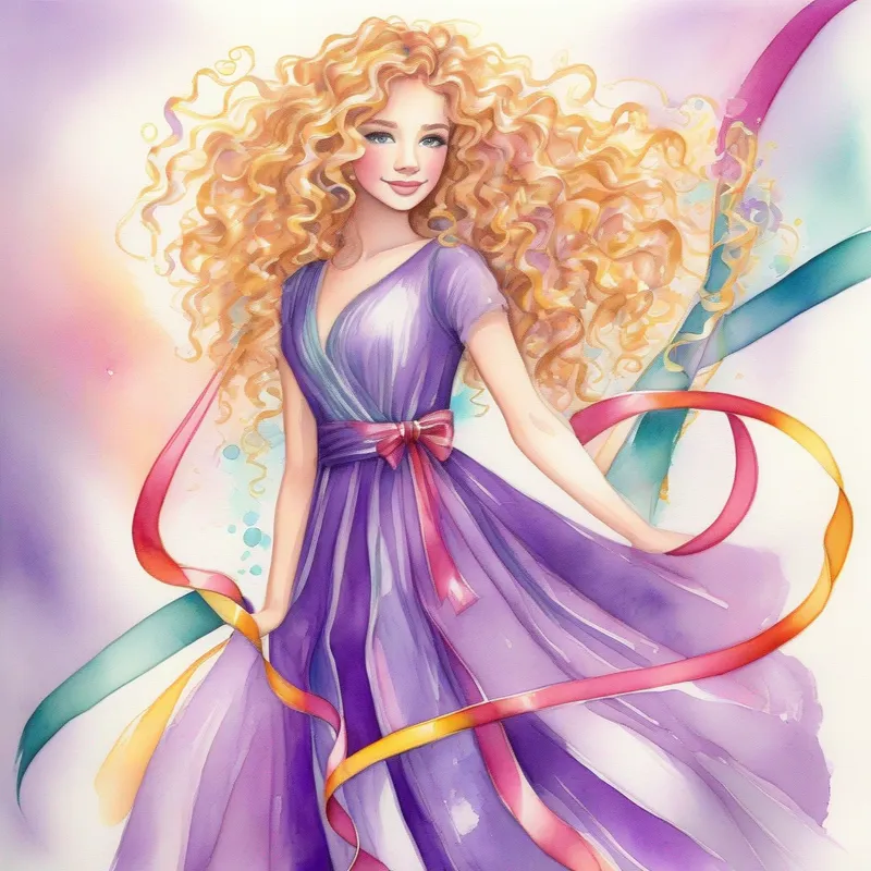 Curly golden hair, sparkly purple dress with colorful ribbons standing tall, confidently facing challenges.