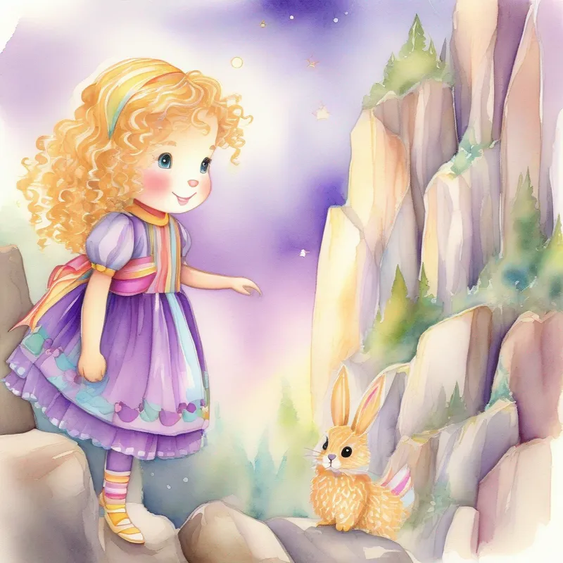 Curly golden hair, sparkly purple dress with colorful ribbons helping the bunny, climbing mountains, and talking to the owl.
