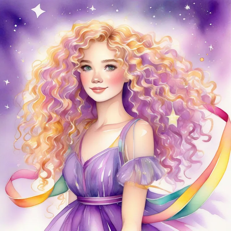 Curly golden hair, sparkly purple dress with colorful ribbons returning home, confident and full of magic.