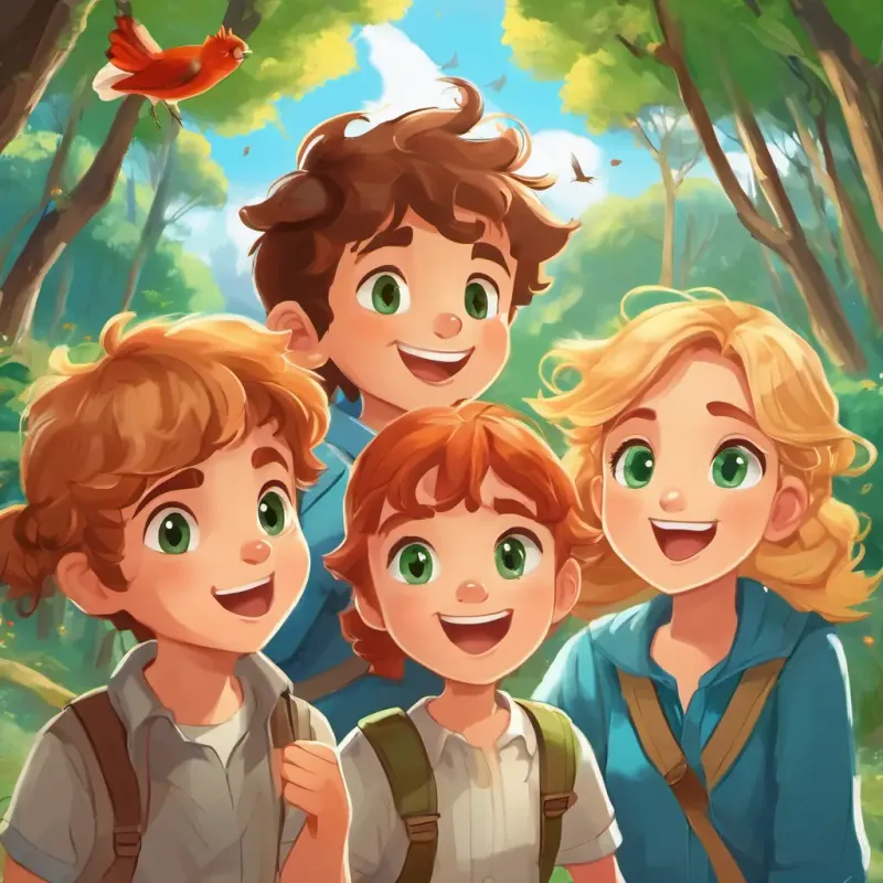 The three friends, Max has brown hair, green eyes, and a big grin, Lily has blonde hair, blue eyes, and a freckled nose, and Jake has curly red hair, brown eyes, and a mischievous smile, excitedly gathered at the start of the Bibbulmun Track, surrounded by tall trees, colorful wildflowers, and chirping birds.
