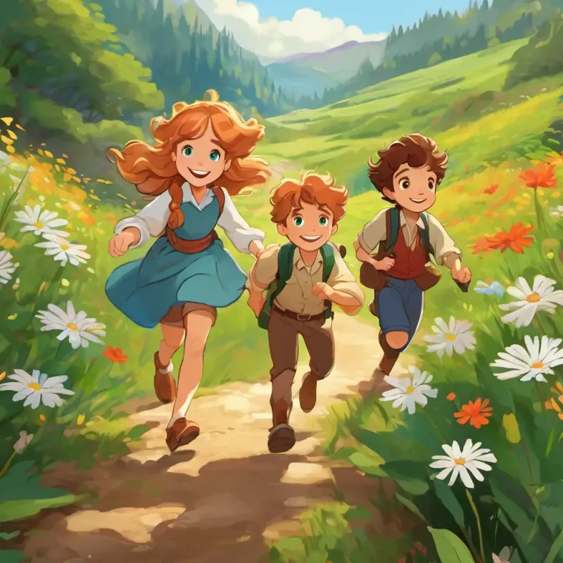 Max has brown hair, green eyes, and a big grin, Lily has blonde hair, blue eyes, and a freckled nose, and Jake has curly red hair, brown eyes, and a mischievous smile trotted along the winding trail, pointing at vibrant wildflowers and listening to the rustling leaves while their eyes sparkled with wonder.
