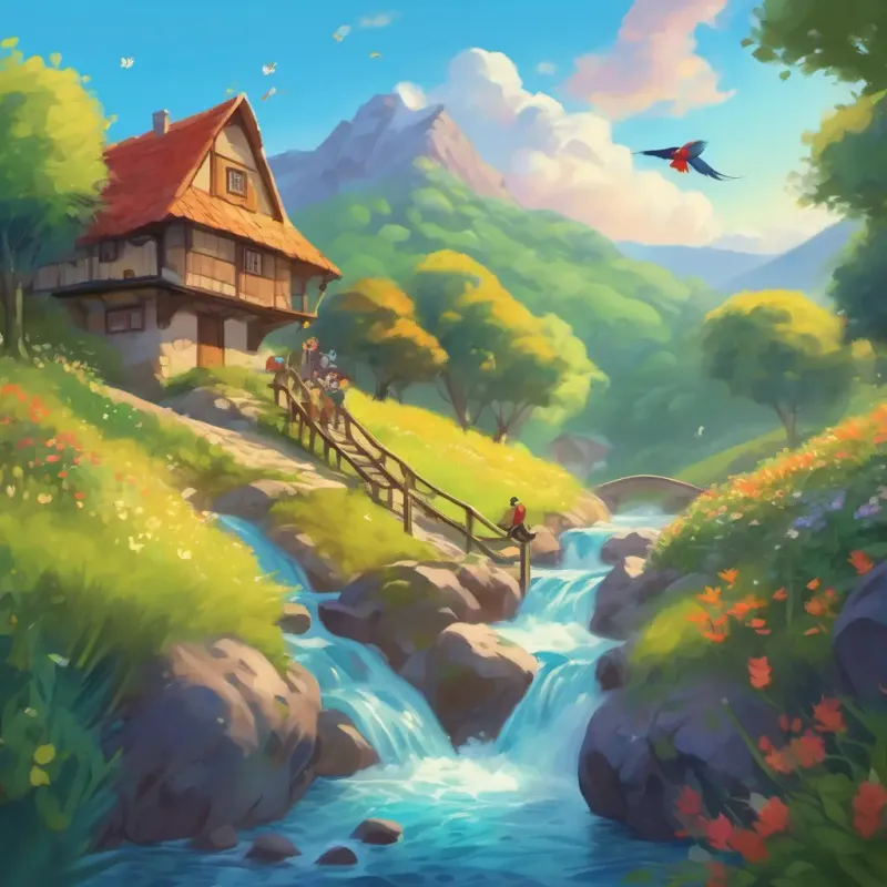 The friends encountered a bubbling creek and a steep hill, where they helped each other with wide grins and cheerful words, while colorful birds chirped above their heads.