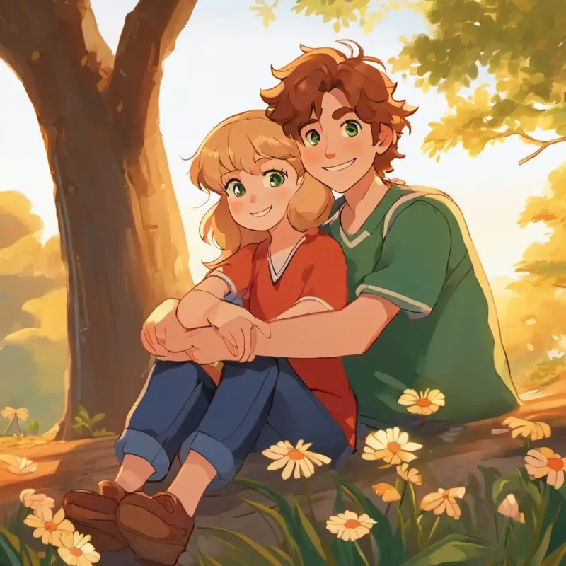 Bedecked in the warm glow of the setting sun, Max has brown hair, green eyes, and a big grin, Lily has blonde hair, blue eyes, and a freckled nose, and Jake has curly red hair, brown eyes, and a mischievous smile sat together, hugging and laughing, realizing that their real treasure was the strong bond of friendship they shared.