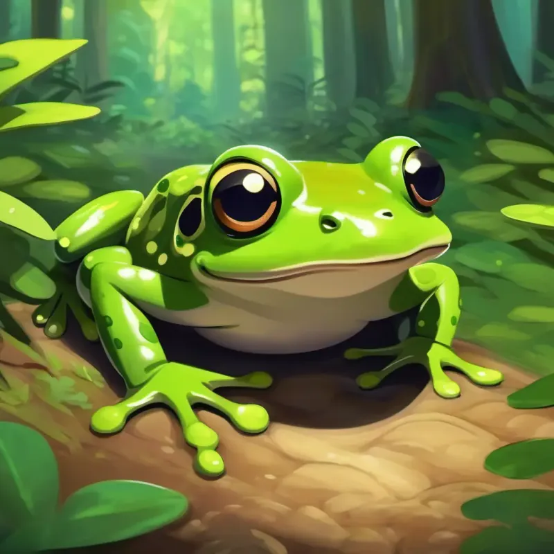 Introduction to Green frog with big bulging eyes and a wide smile and the forest, setting the stage for the story