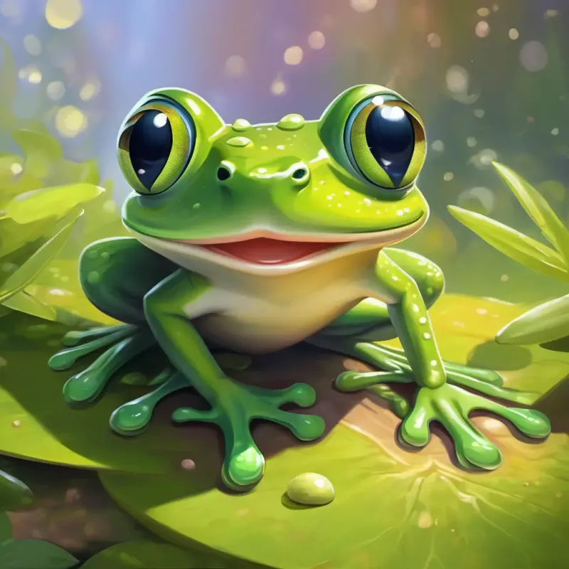 Description of Green frog with big bulging eyes and a wide smile's greedy nature and love for fun