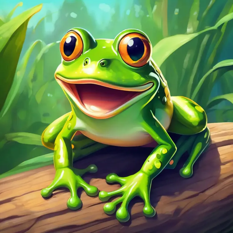 Green frog with big bulging eyes and a wide smile's decision to find the most delicious fly and set off on an adventure