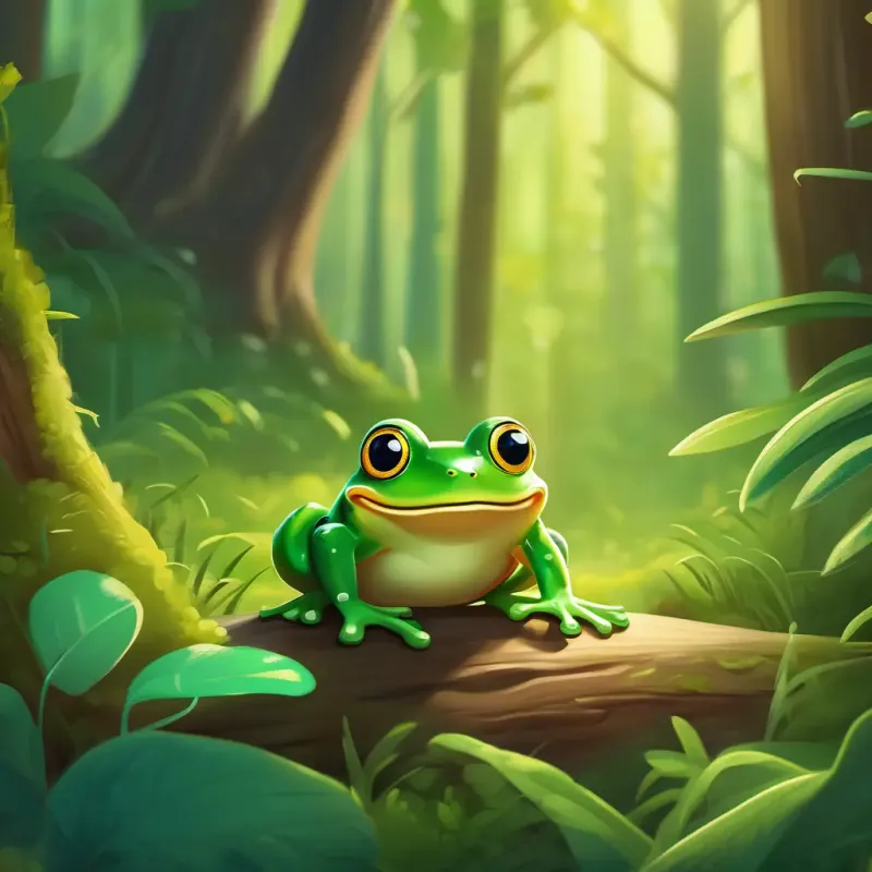 Green frog with big bulging eyes and a wide smile's playful journey through the forest, encountering different obstacles and having fun