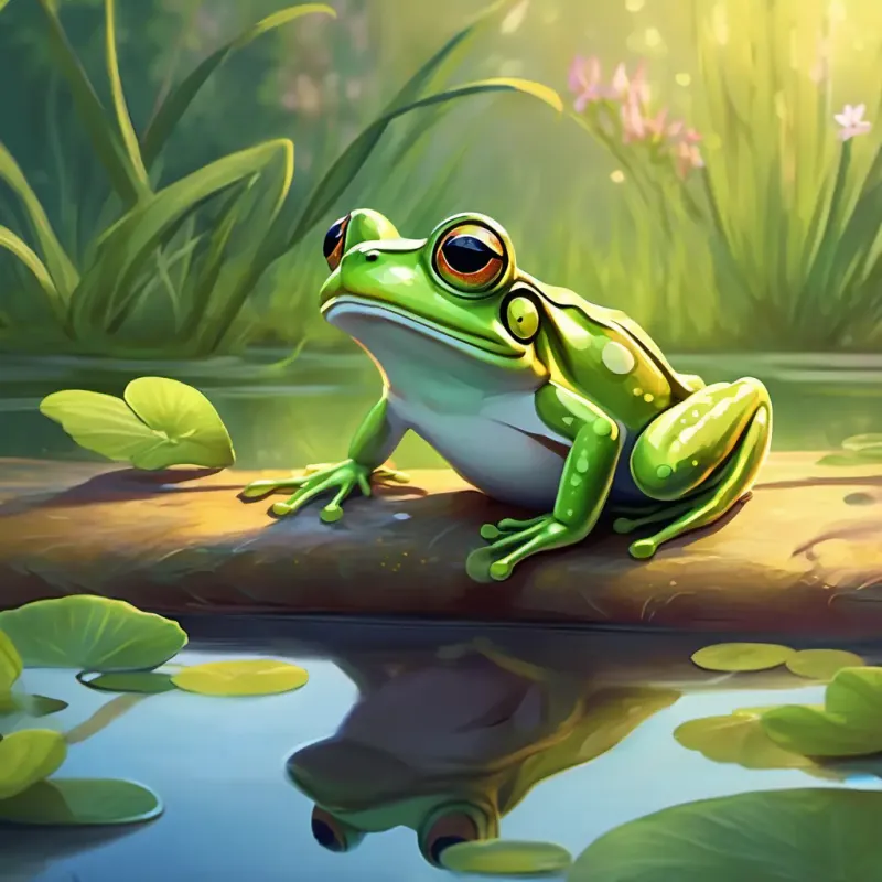 Green frog with big bulging eyes and a wide smile finding the delicious fly near a pond after a day of searching