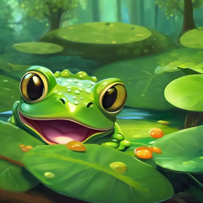 Green frog with big bulging eyes and a wide smile's realization that the adventure was more enjoyable than the delicious fly