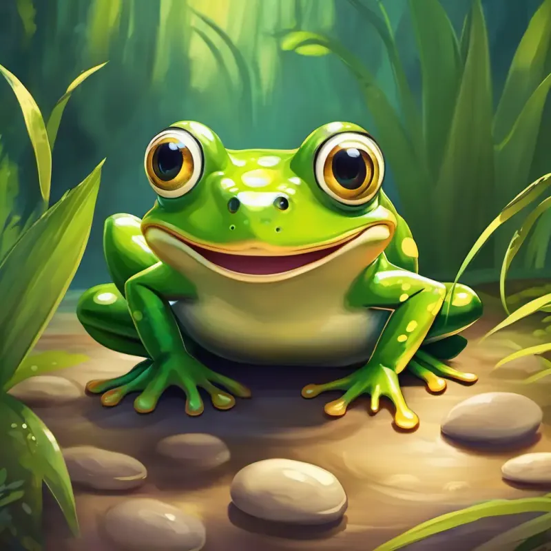 Green frog with big bulging eyes and a wide smile's happy return home and his eagerness for more adventures