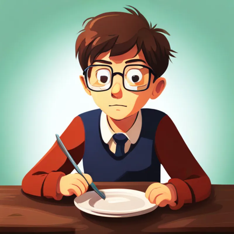 A boy with short brown hair and glasses sitting at a table, frowning at his plate